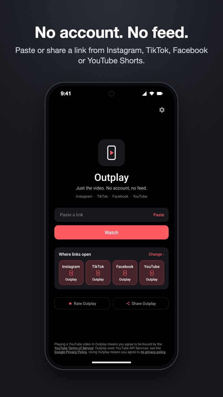The home screen with the paste box and the "Where links open" card