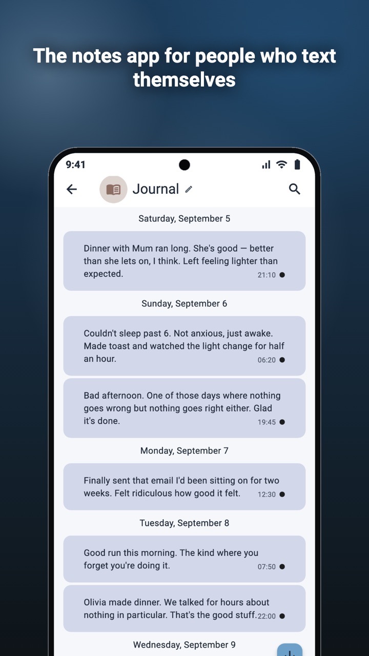 A journal notebook shown as a chat of dated notes