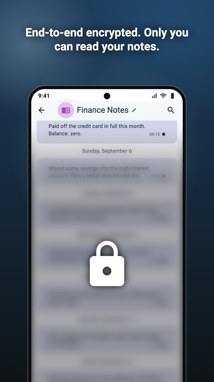 A notebook blurred behind a padlock, to show notes are end-to-end encrypted