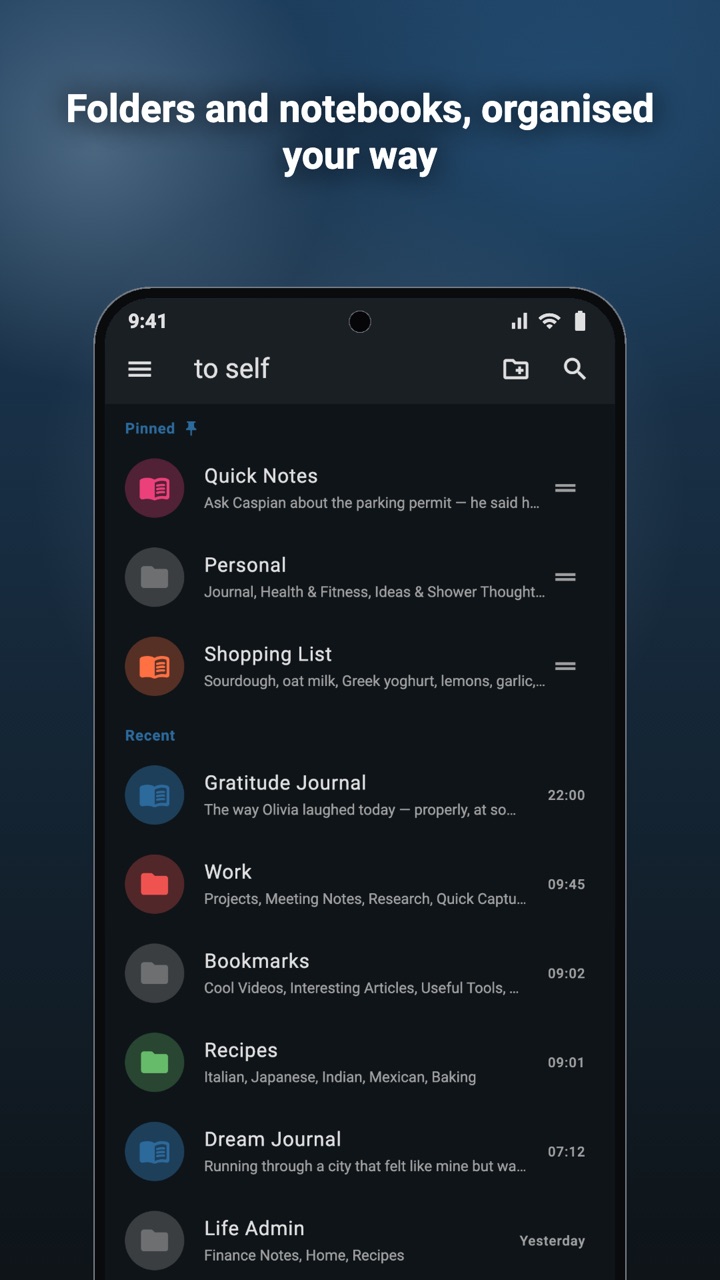 The folder and notebook list in dark mode, with pinned and recent notebooks