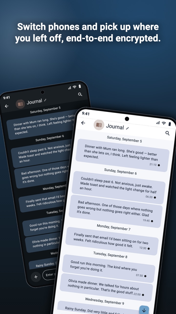 The same journal on two phones, in light and dark mode